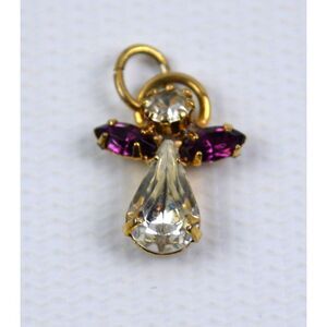 Vintage Gold‎ Tone Angel Shaped Pendant Purple & Clear  Rhinestones .75"